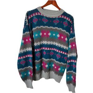 Vintage Striped Sweater Mens 80s 90s Bright Grandpa Knit Pullover